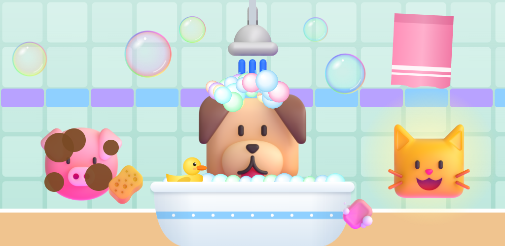 Um cachorro tomando banho de espuma numa banheira, um porquinho sujo de lama e um gato limpinho brilhando