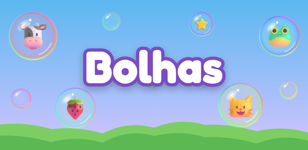 Bolhas de sabão com uma vaca, um gato, um sapo, um morango e uma estrela dentro